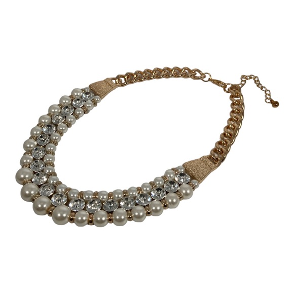 Chunky Chain Gold Crystal and Fashion Faux Pearl Statement Necklace - Picture 1 of 2
